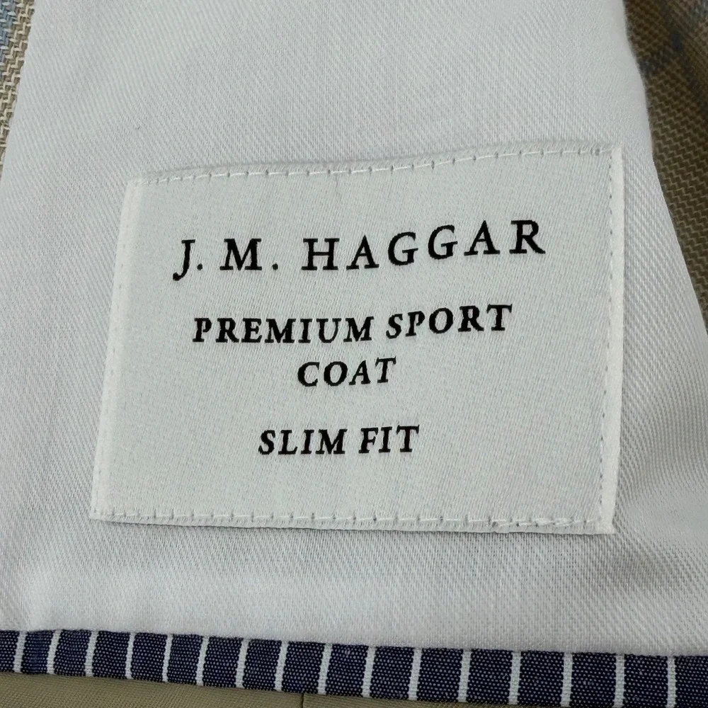 J.M. Haggar Sport Coat Mens 40S Tan Blue Windowpane Slim Cotton Blazer HJ80054